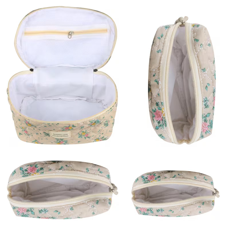 Medium quilted floral makeup bag close-up showing label detail