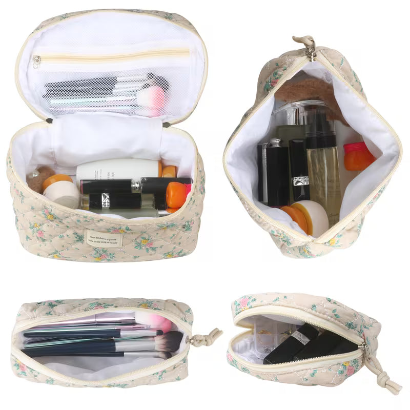 Small quilted floral cosmetic pouch on bathroom vanity