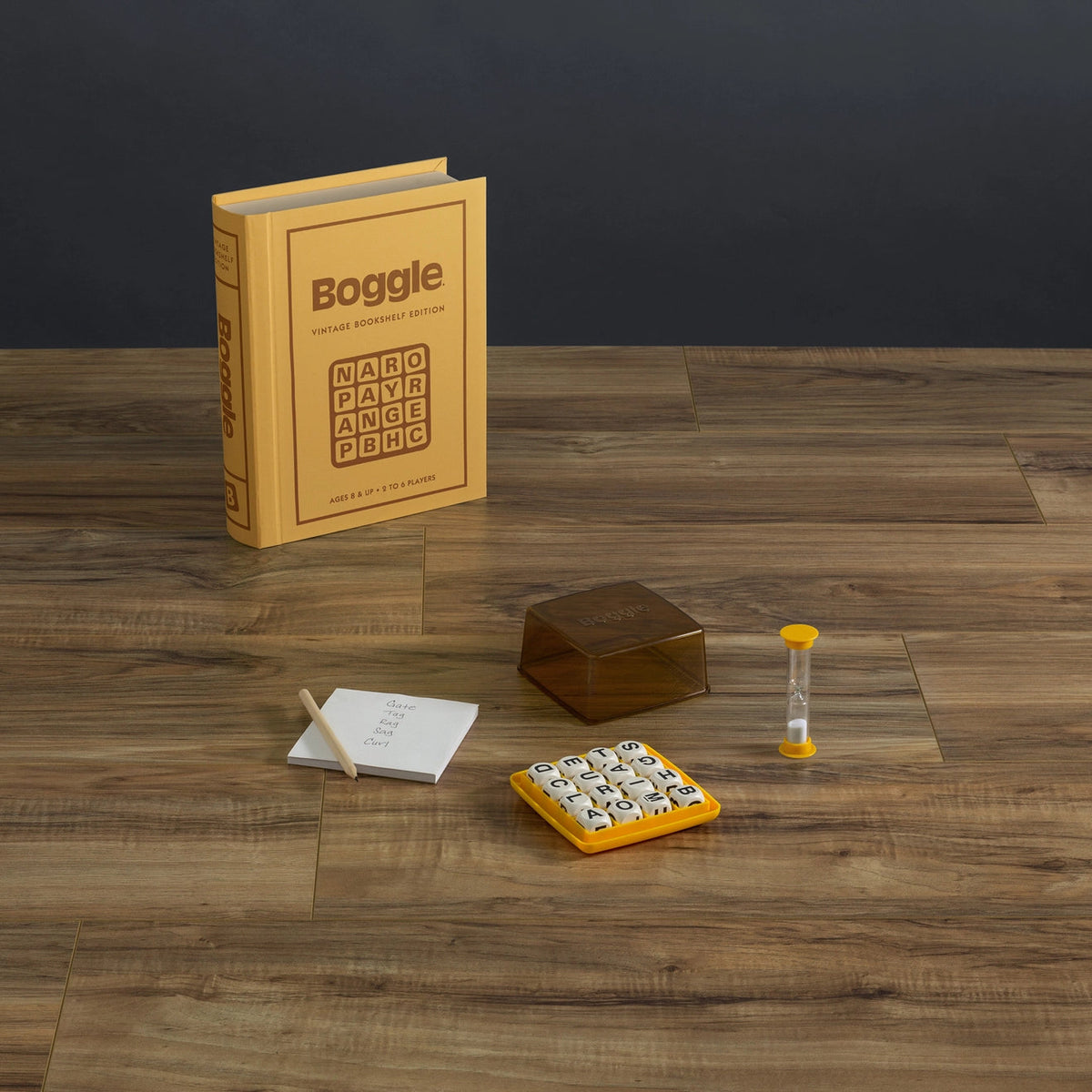 Boggle Vintage Bookshelf Edition - open box showing all game components neatly organized