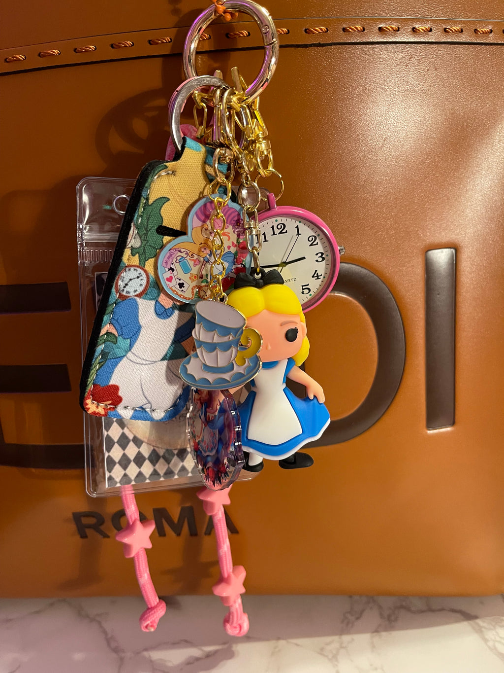 Alice in Wonderland Handmade Bag Charm - Miniature Princess Purse Charm with Real Clock & Ribbon, Handbag Accessory
