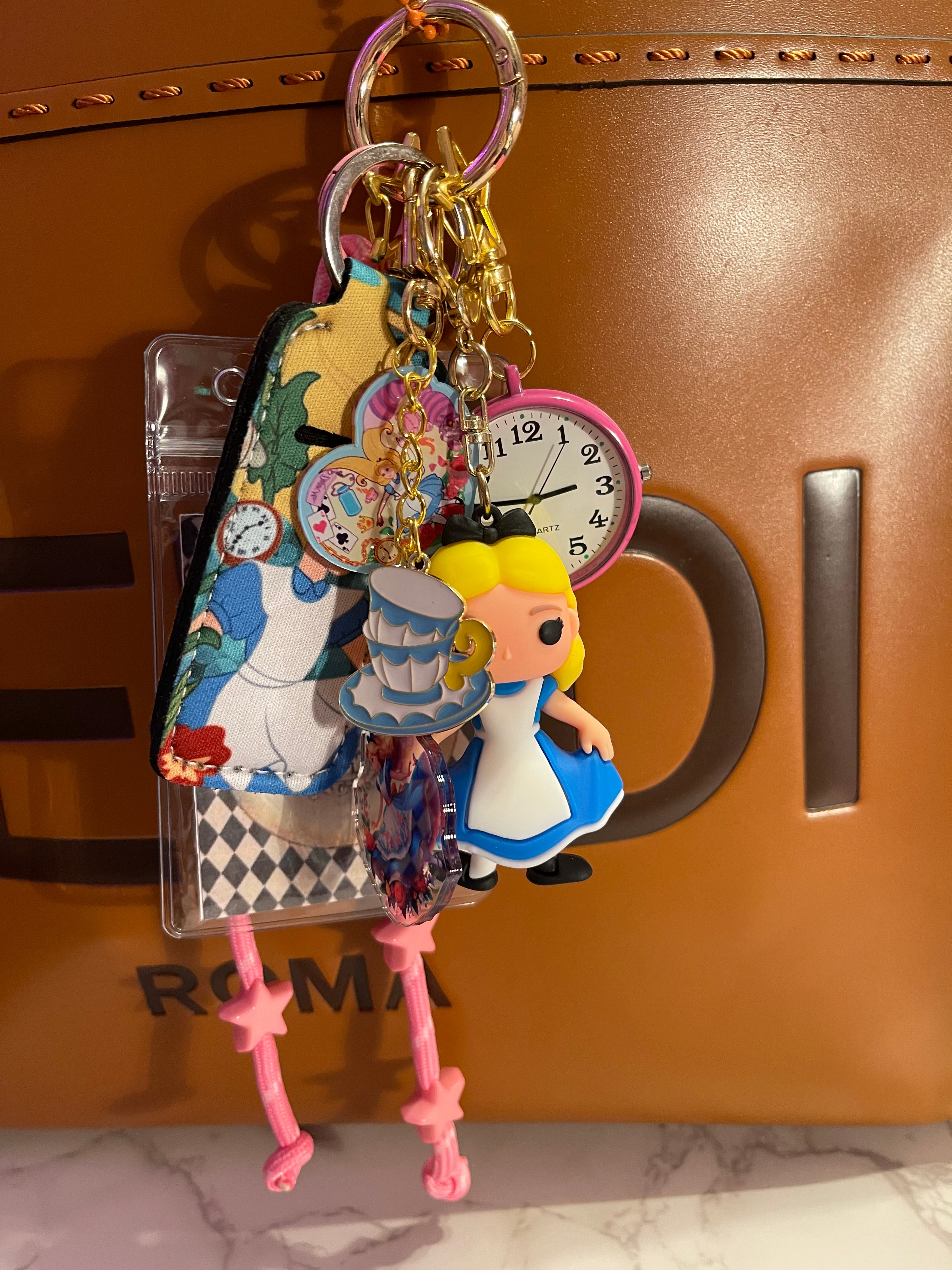 Alice in Wonderland Handmade Bag Charm - Miniature Princess Purse Charm with Real Clock & Ribbon, Handbag Accessory