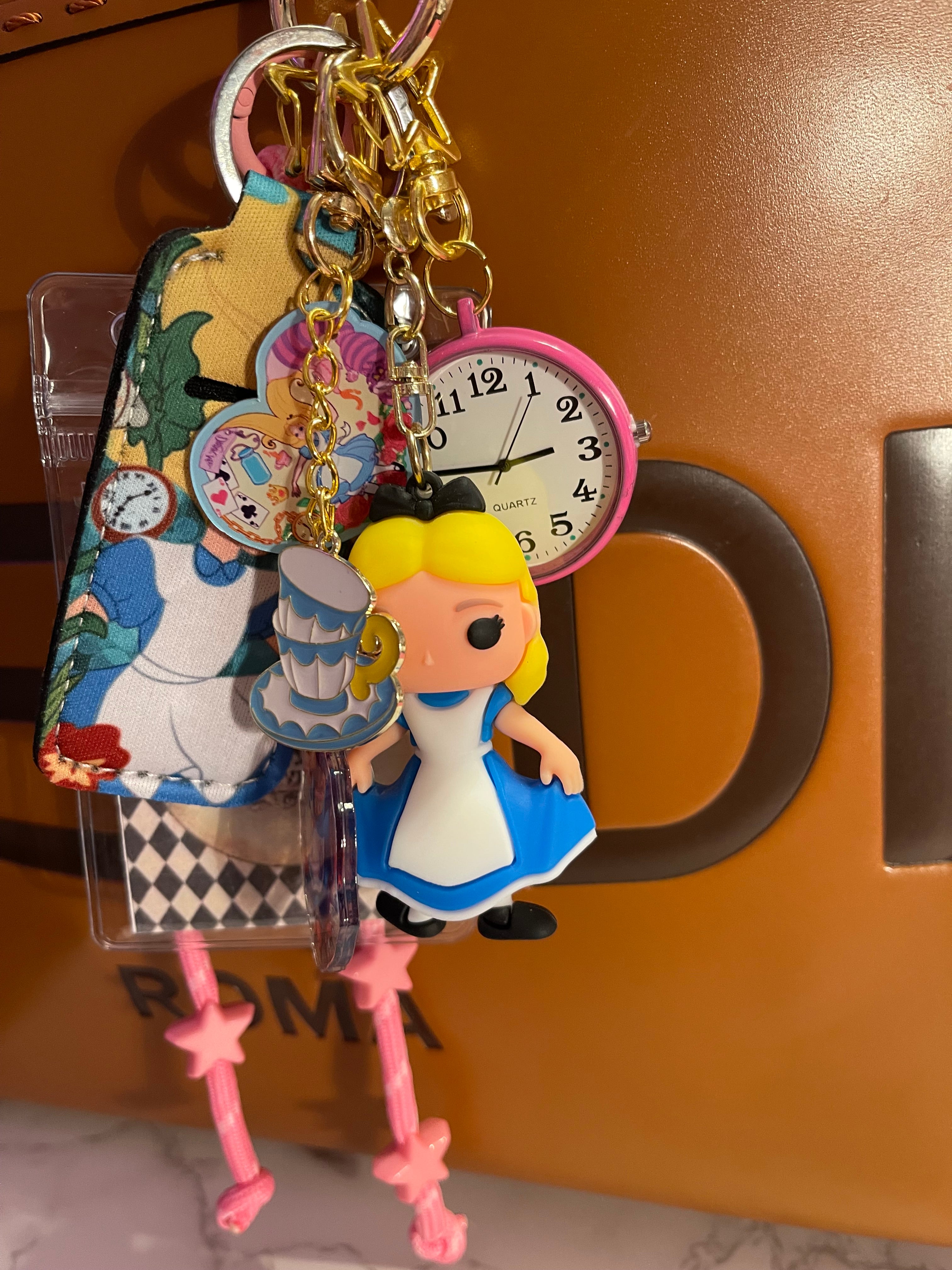 Alice in Wonderland Handmade Bag Charm - Miniature Princess Purse Charm with Real Clock & Ribbon, Handbag Accessory