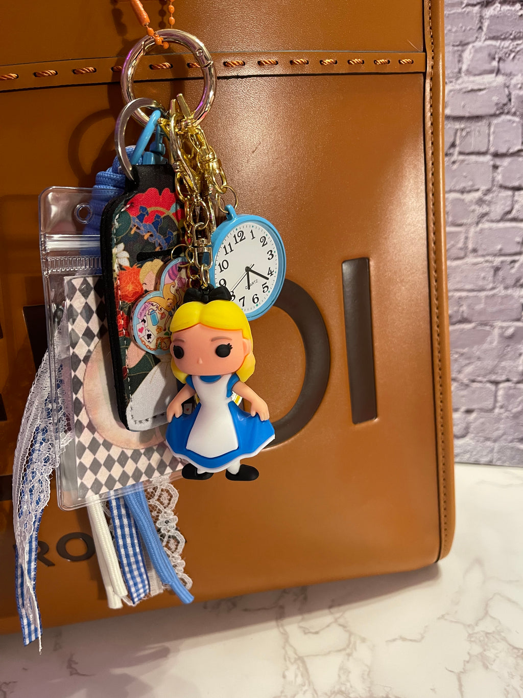 Alice in Wonderland Handmade Bag Charm - Miniature Princess Purse Charm with Real Clock & Ribbon, Handbag Accessory