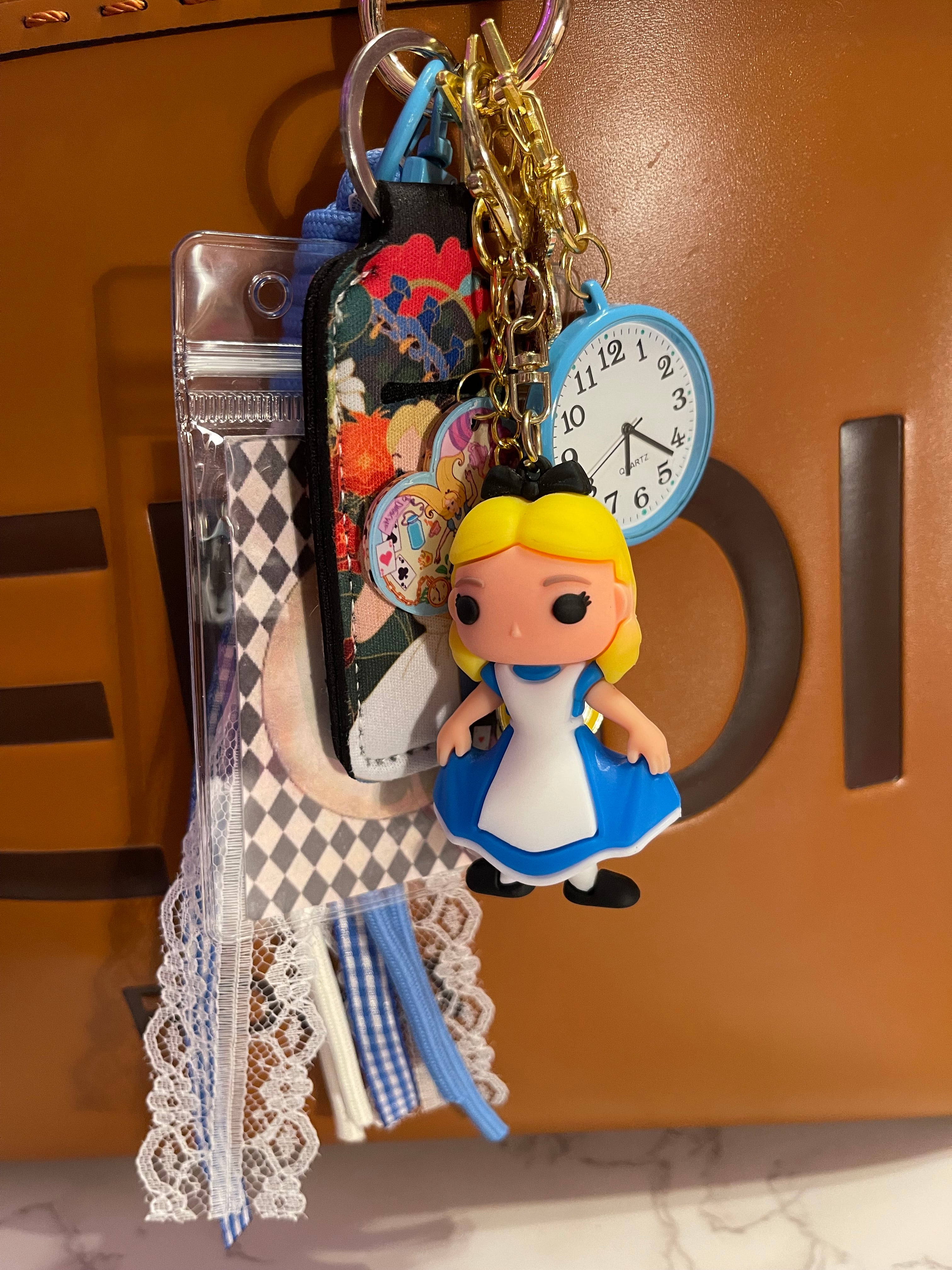 Alice in Wonderland Handmade Bag Charm - Miniature Princess Purse Charm with Real Clock & Ribbon, Handbag Accessory