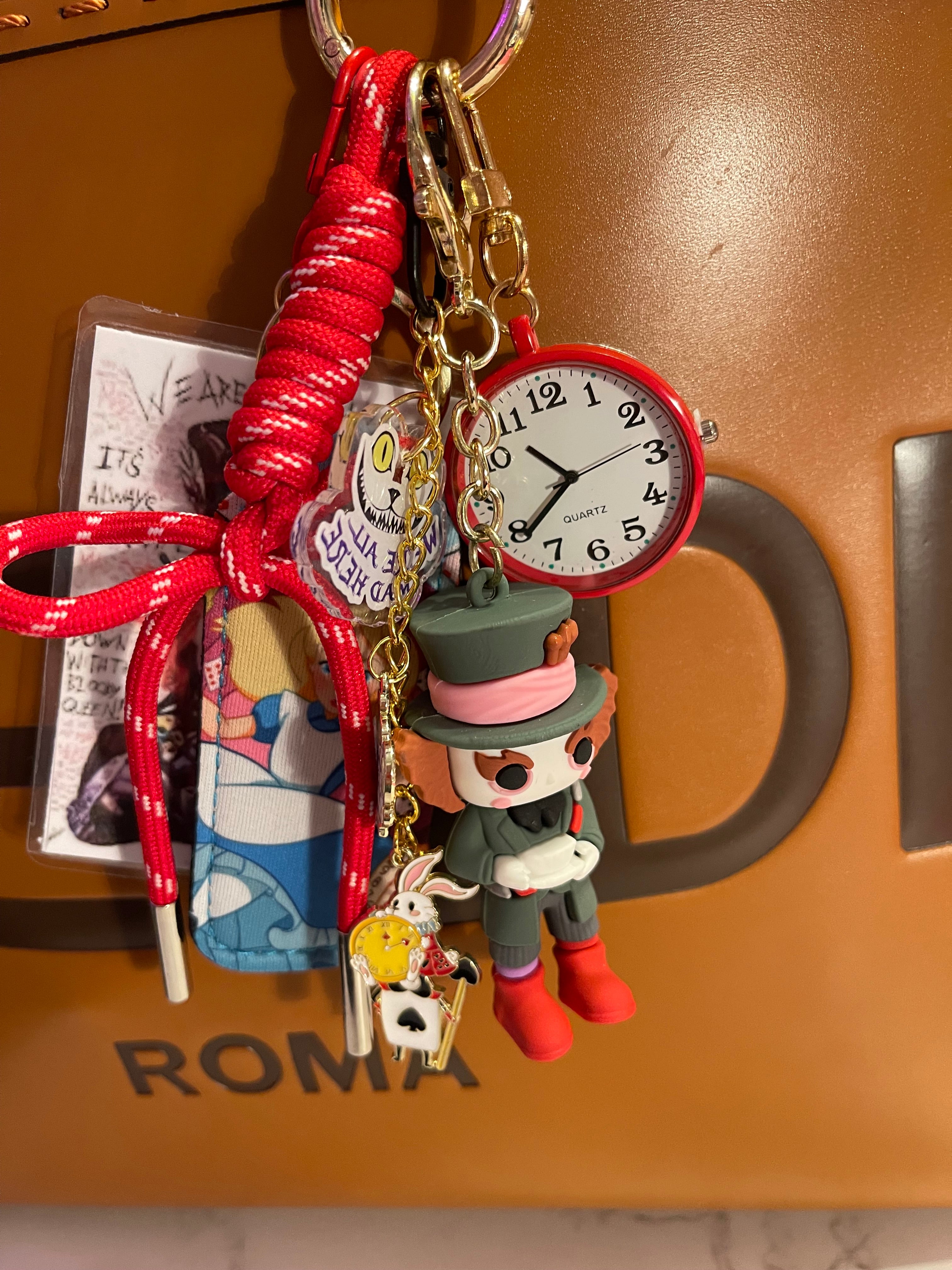 Mad Hatter Tea Party Handmade Bag Charm - Character Purse Charm with Real Clock & Lipstick Holder, Handbag Accessory