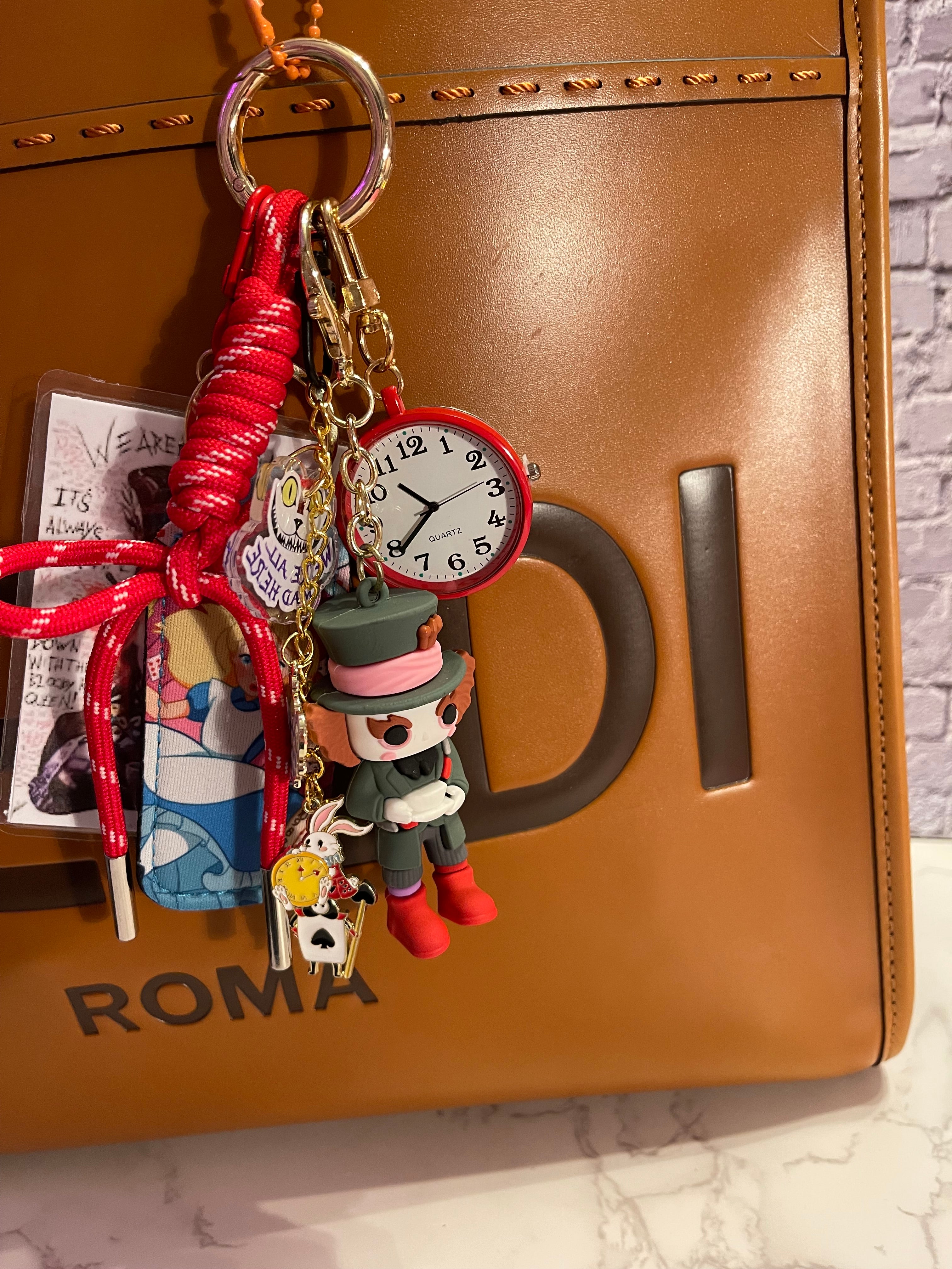 Mad Hatter Tea Party Handmade Bag Charm - Character Purse Charm with Real Clock & Lipstick Holder, Handbag Accessory