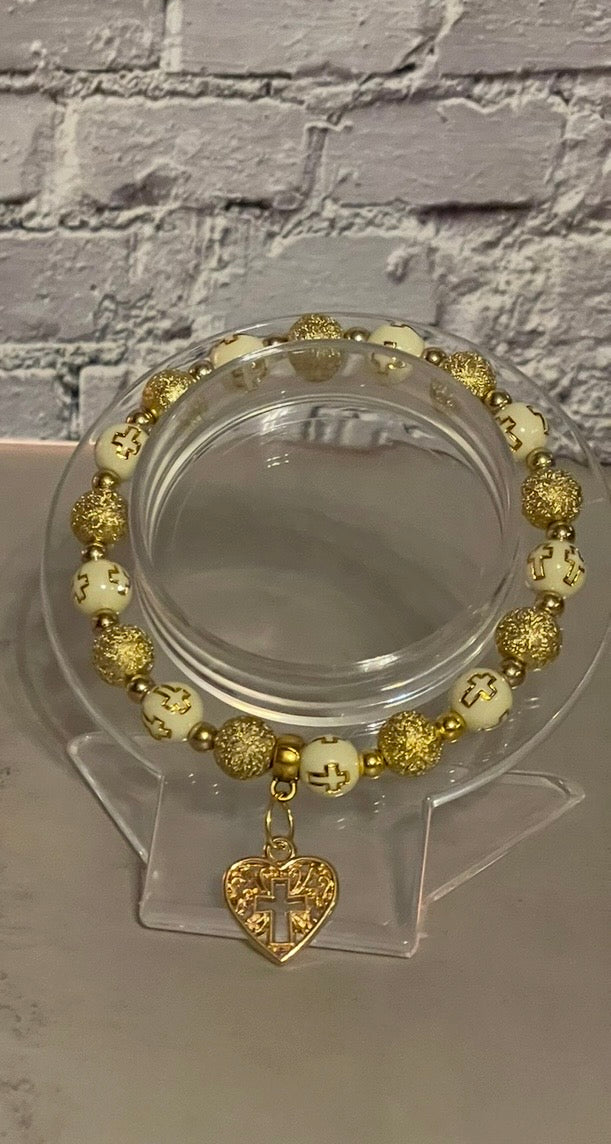 Beaded Faith Bracelet - Handmade Cross Bead Bracelet with Golden Accents & Amazing Grace, Christian Jewelry