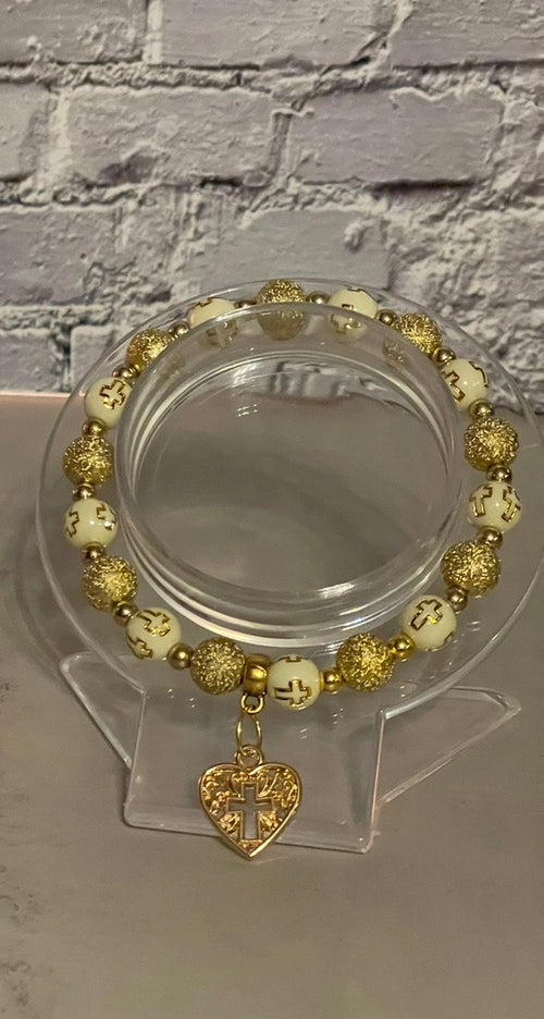 Beaded Faith Bracelet - Handmade Cross Bead Bracelet with Golden Accents & Amazing Grace, Christian Jewelry