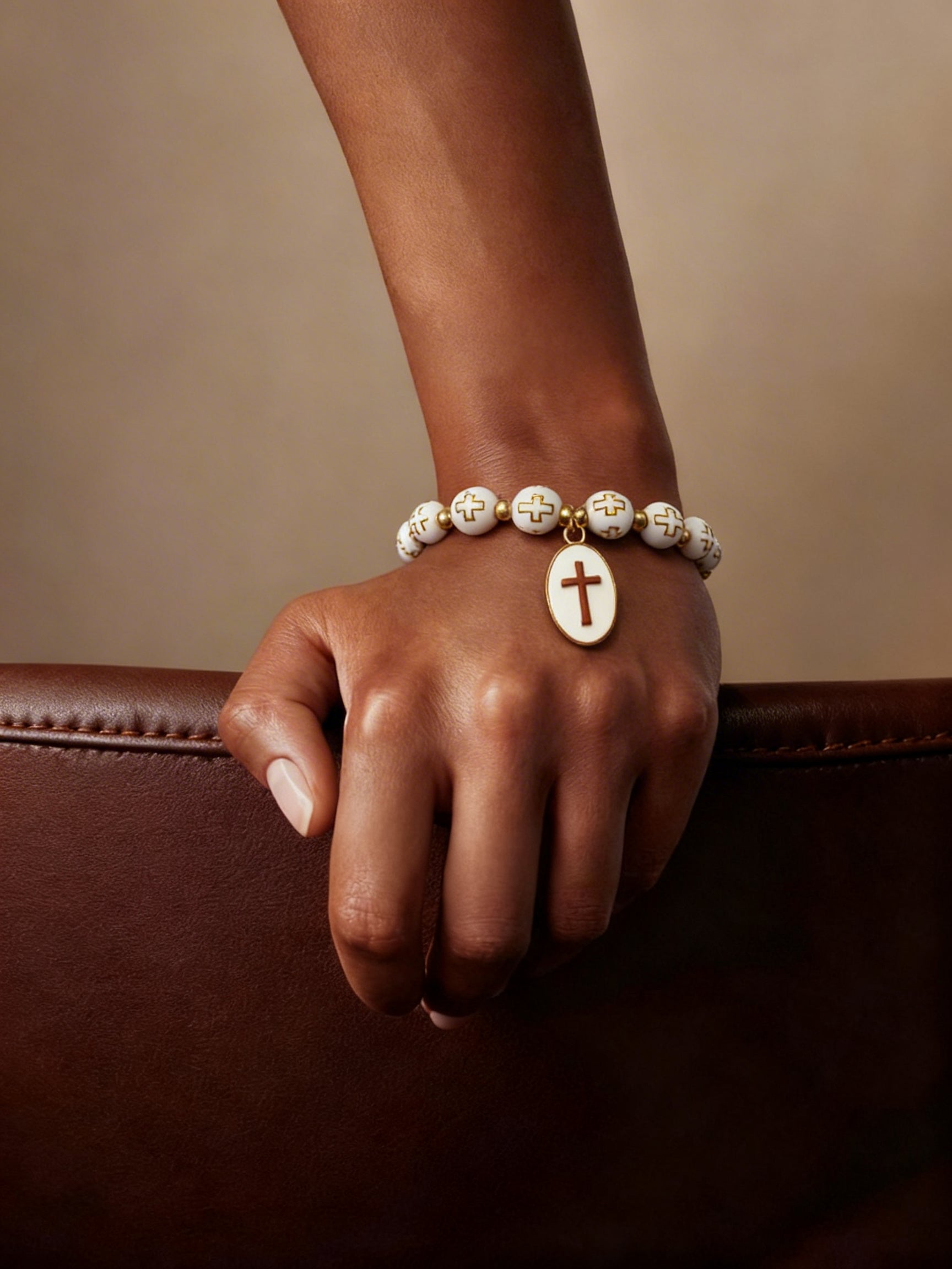 Gold and White Beaded Cross Bracelet