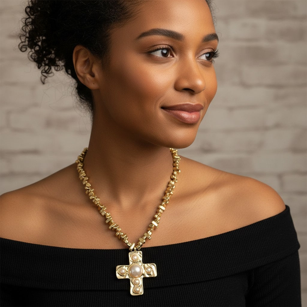 Faux Pearl Cross Necklace - Acrylic Glass Beaded Necklace with Golden Cross Pendant, Faith Jewelry