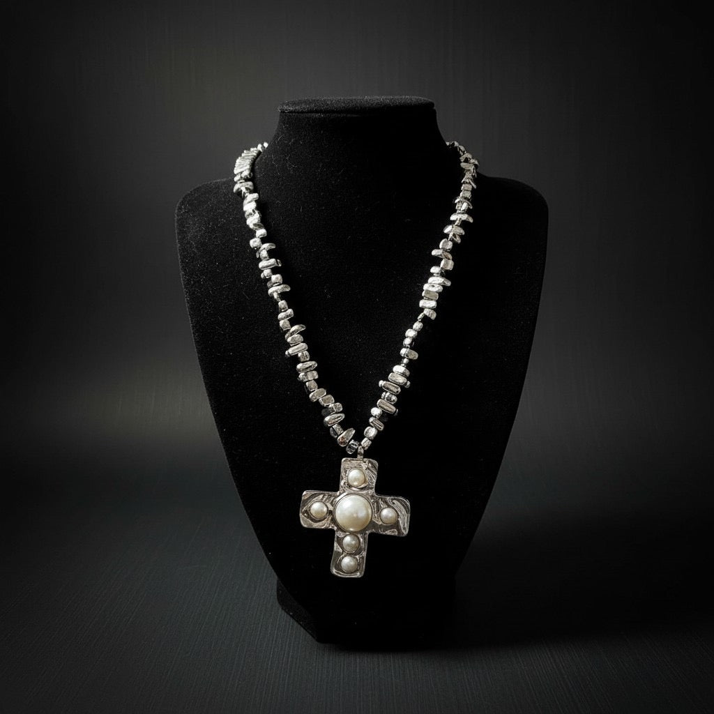 Faux Pearl Cross Necklace - Acrylic Glass Beaded Necklace with Golden Cross Pendant, Faith Jewelry