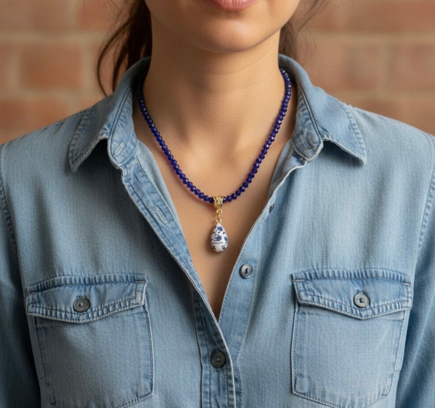Glass Beaded Necklace with Charm - Vintage Ceramic Pendant & Heart Key Necklace, Embellished Statement Jewelry