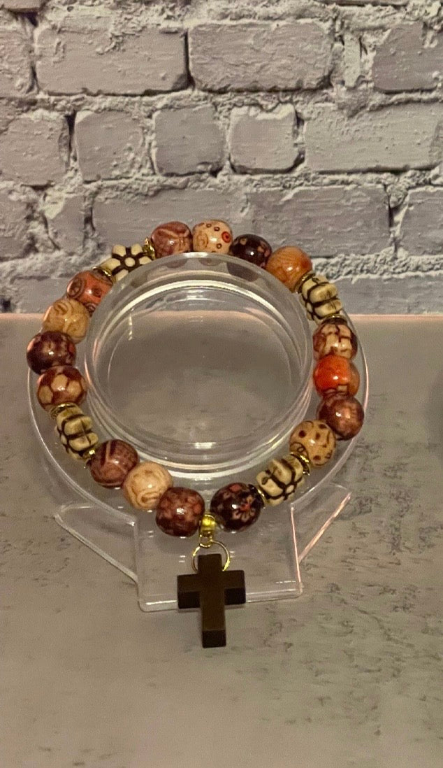 Wooden Beaded Cross Pendant Bracelet - Handmade
