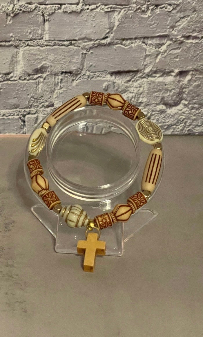 Wooden Beaded Cross Pendant Bracelet - Handmade