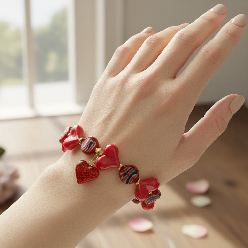 Red & Black Boho Porcelain Bracelets with Pendants - Handmade