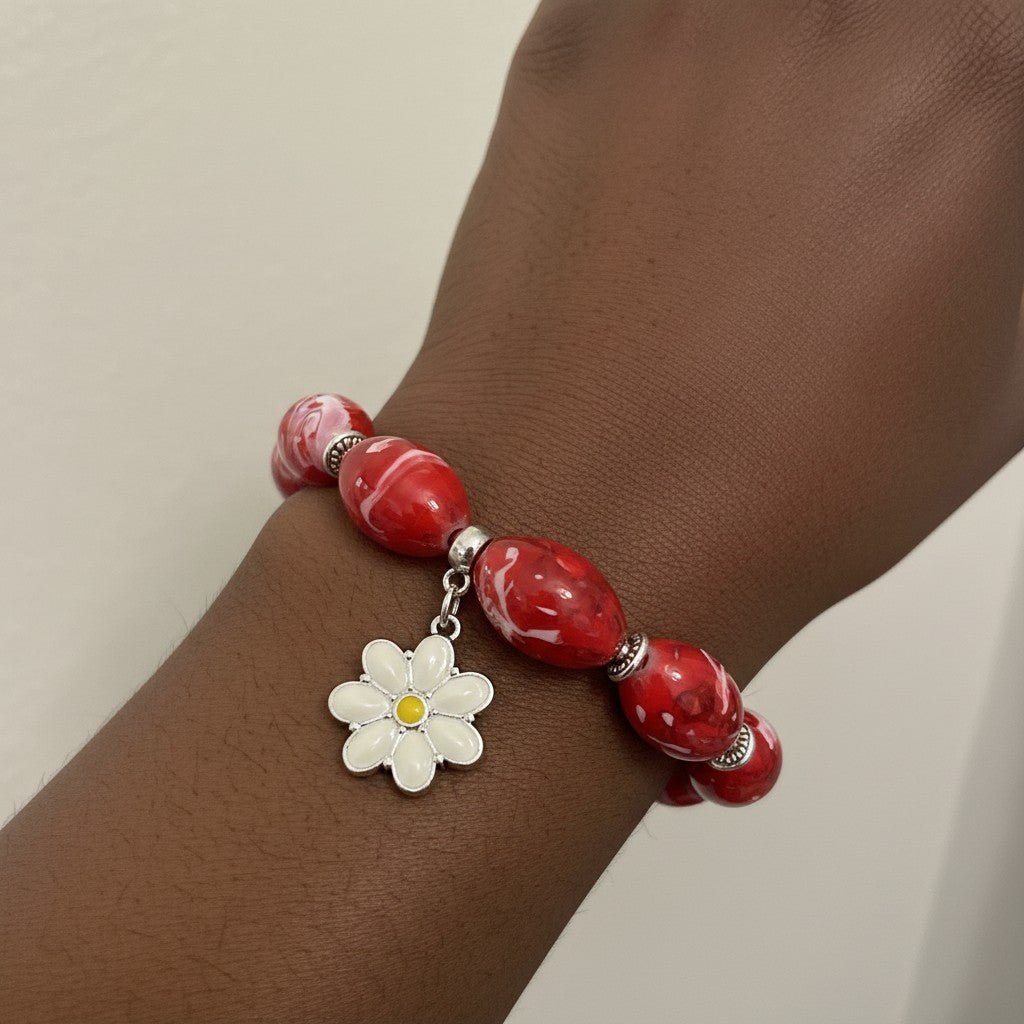 Red & Black Boho Porcelain Bracelets with Pendants - Handmade