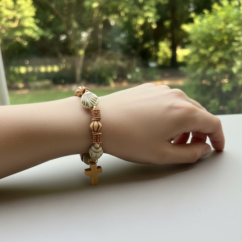 Wooden Beaded Cross Pendant Bracelet - Handmade
