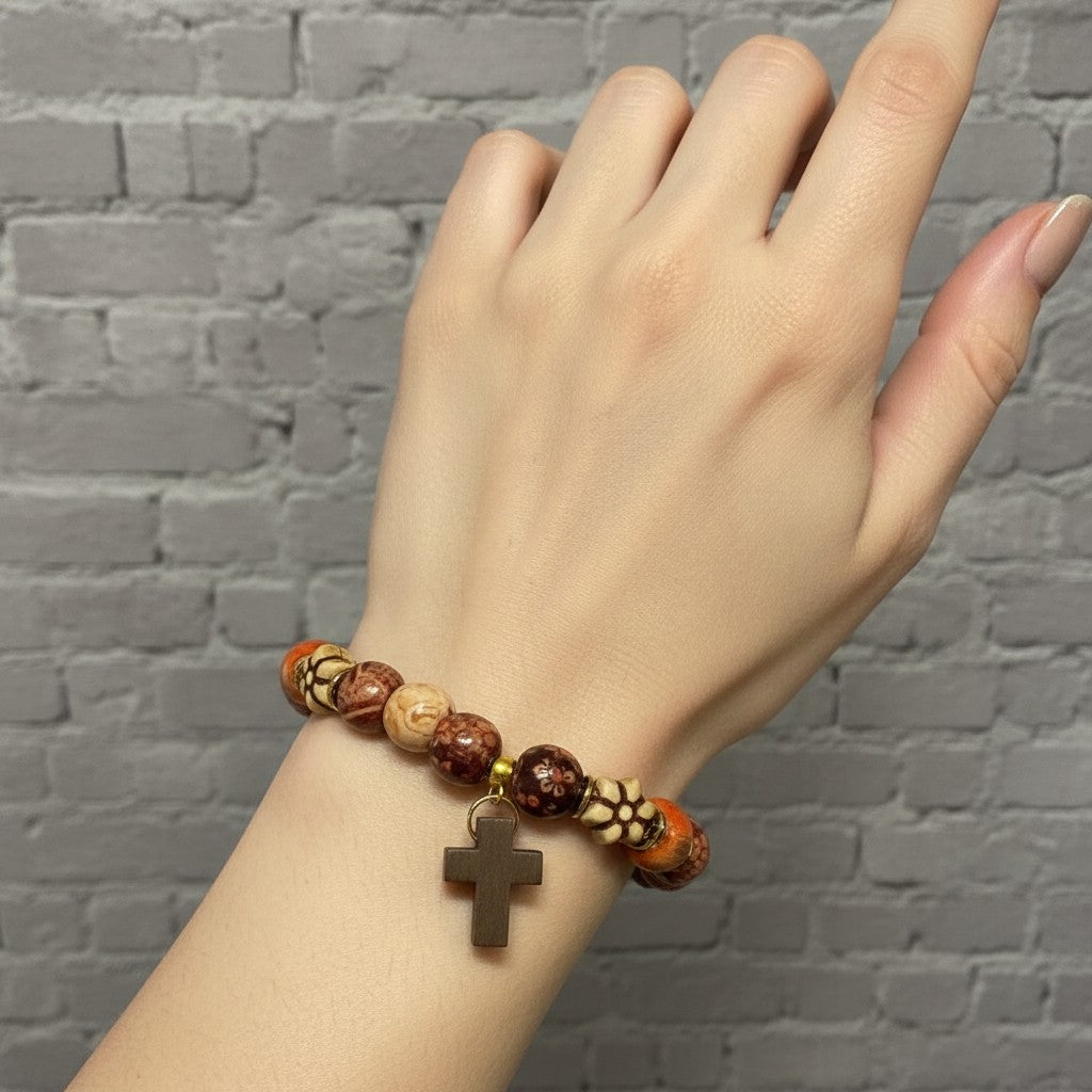 Handmade Wooden Beaded Cross Pendant Bracelet - Faith Jewelry