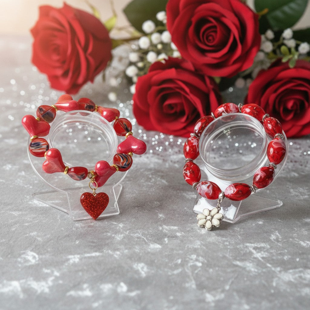 Red & Black Boho Porcelain Bracelets with Pendants - Handmade