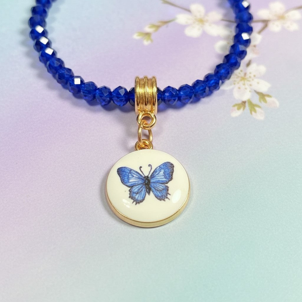 Glass Beaded Necklace with Charm - Vintage Ceramic Pendant & Heart Key Necklace, Embellished Statement Jewelry