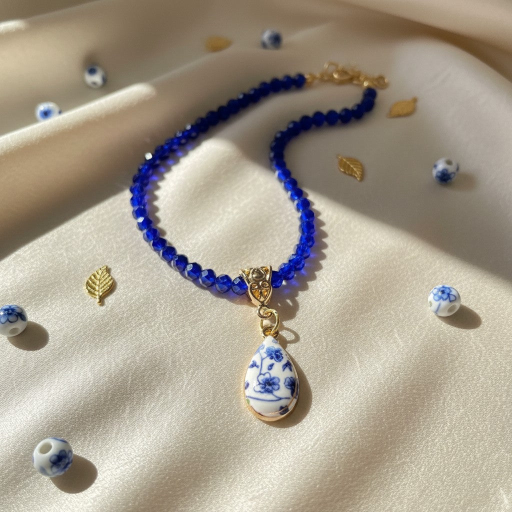 Glass Beaded Necklace with Charm - Vintage Ceramic Pendant & Heart Key Necklace, Embellished Statement Jewelry