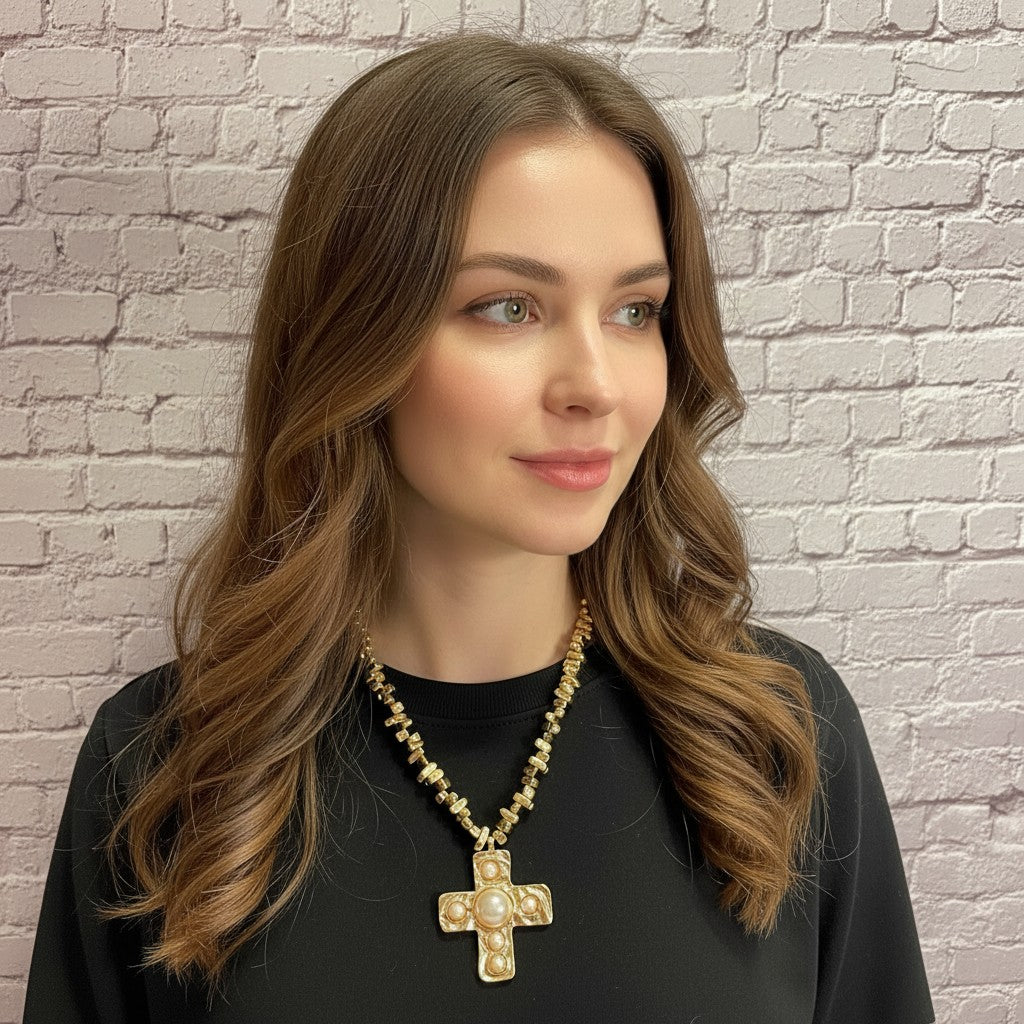 Faux Pearl Cross Necklace - Acrylic Glass Beaded Necklace with Golden Cross Pendant, Faith Jewelry