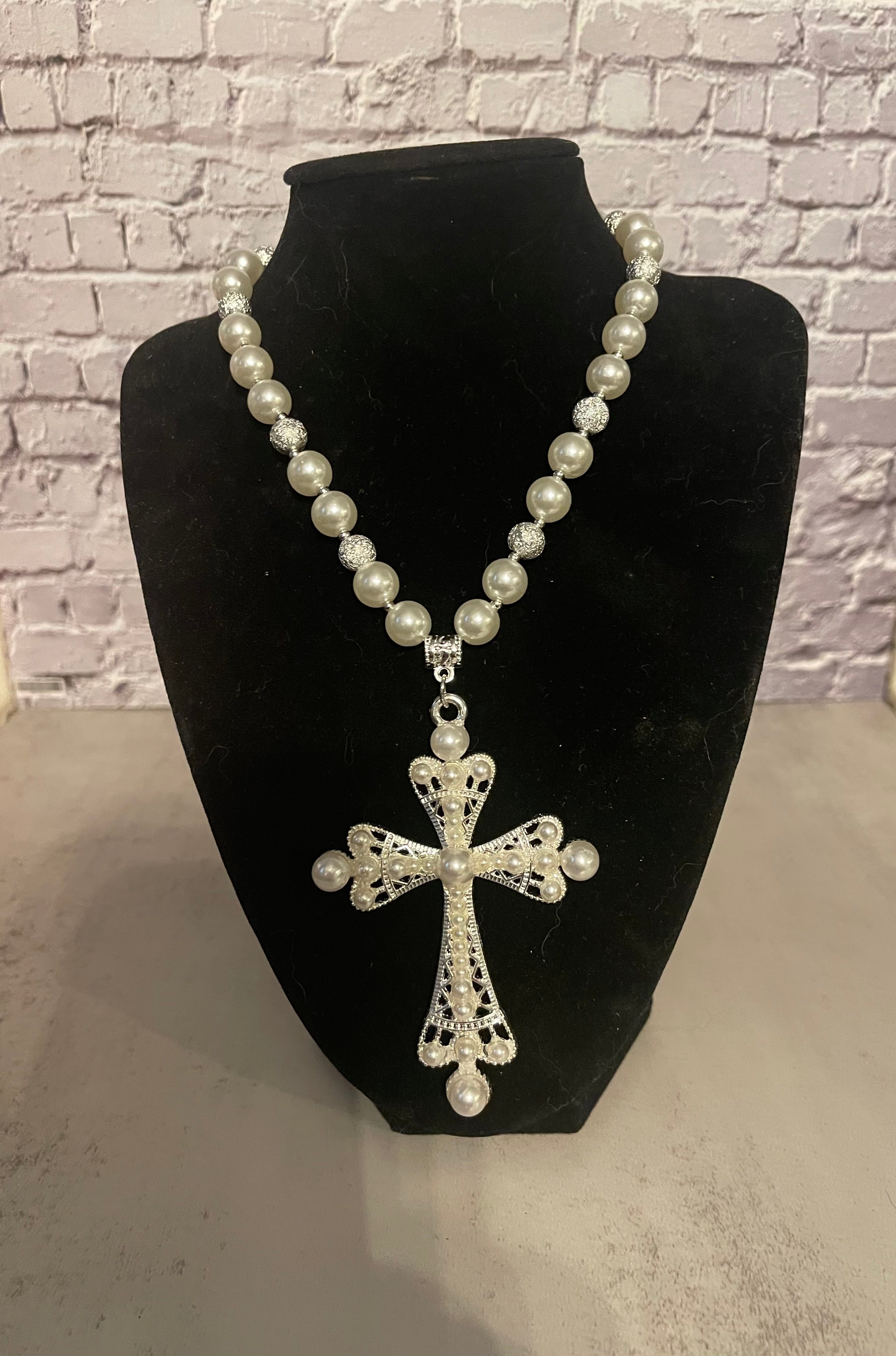 Pearl Cross Pendant Necklace - Handmade Chunky Beaded Necklace with Rhinestone Cross, Statement Faith Jewelry