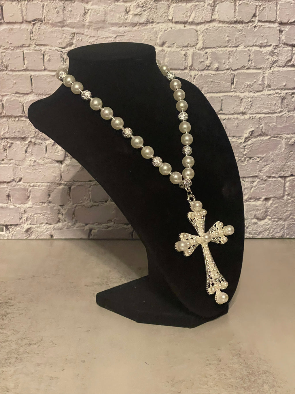 Pearl Cross Pendant Necklace - Handmade Chunky Beaded Necklace with Rhinestone Cross, Statement Faith Jewelry