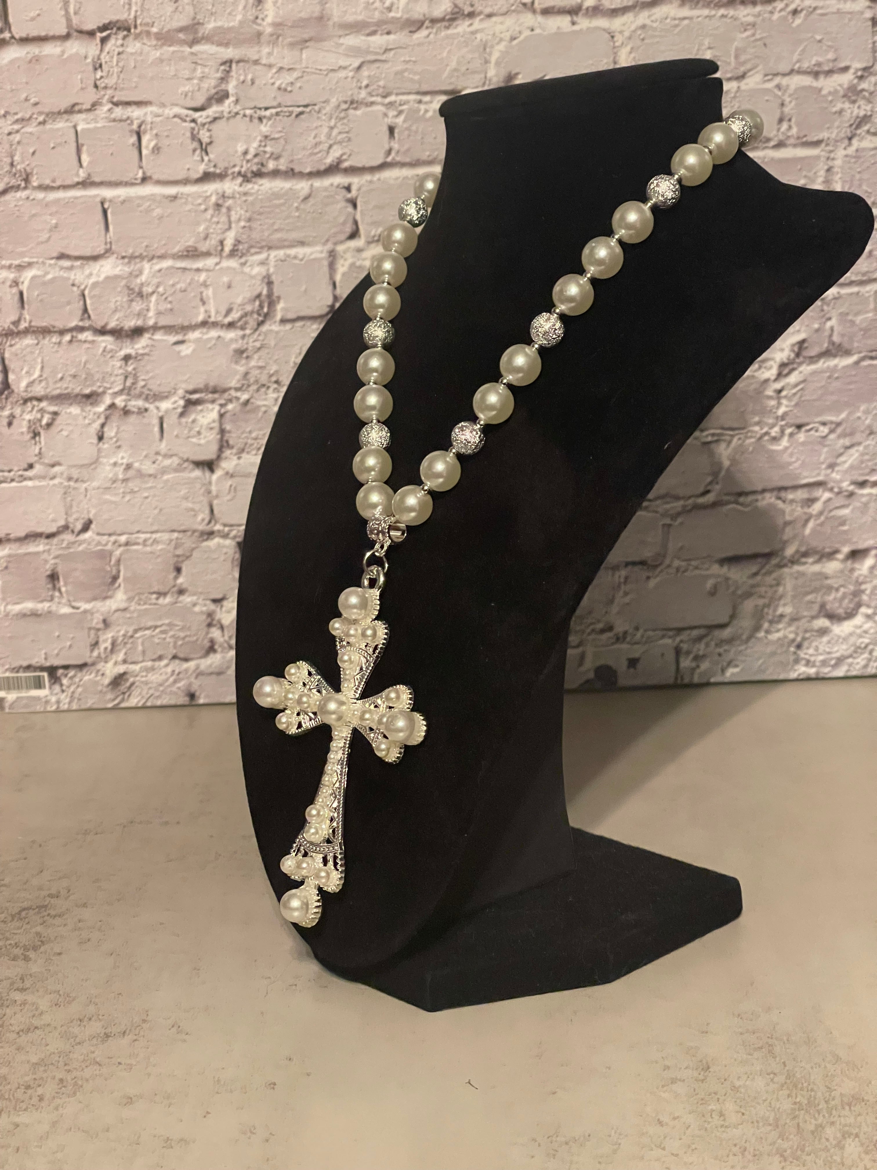 Pearl Cross Pendant Necklace - Handmade Chunky Beaded Necklace with Rhinestone Cross, Statement Faith Jewelry