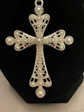 Pearl Cross Pendant Necklace - Handmade Chunky Beaded Necklace with Rhinestone Cross, Statement Faith Jewelry