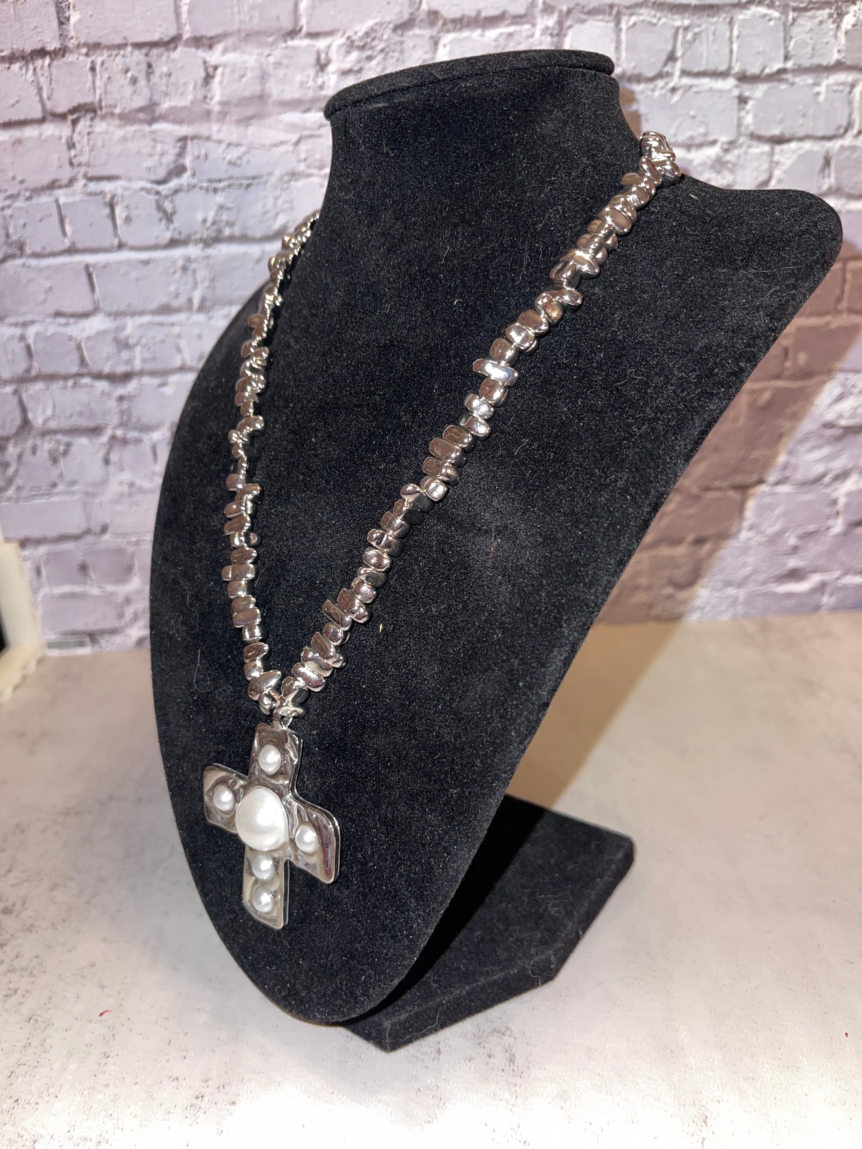 Faux Pearl Cross Necklace - Acrylic Glass Beaded Necklace with Golden Cross Pendant, Faith Jewelry