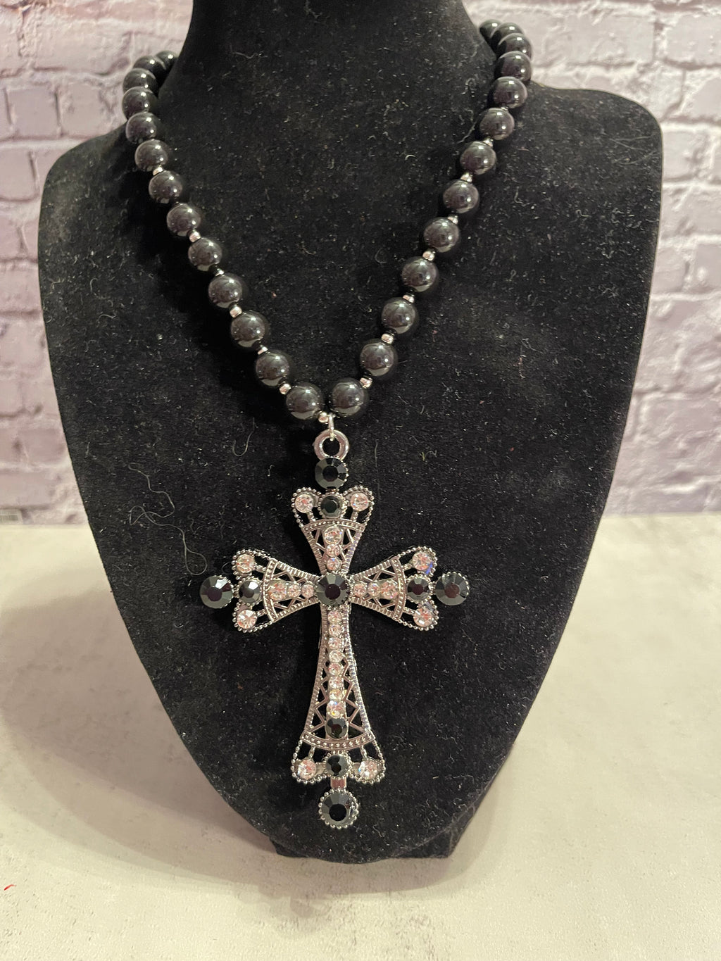 Pearl Cross Pendant Necklace - Handmade Chunky Beaded Necklace with Rhinestone Cross, Statement Faith Jewelry