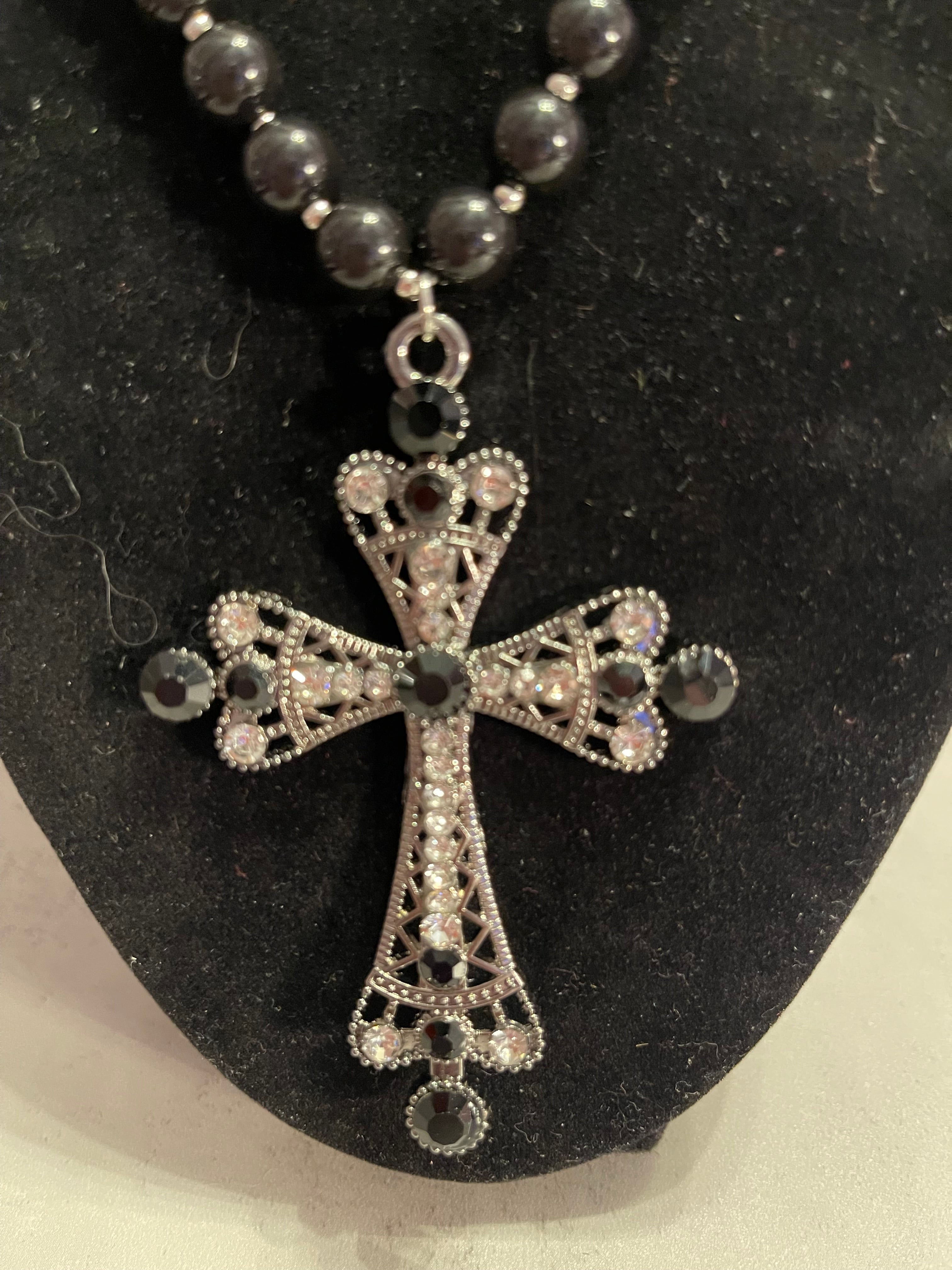 Pearl Cross Pendant Necklace - Handmade Chunky Beaded Necklace with Rhinestone Cross, Statement Faith Jewelry