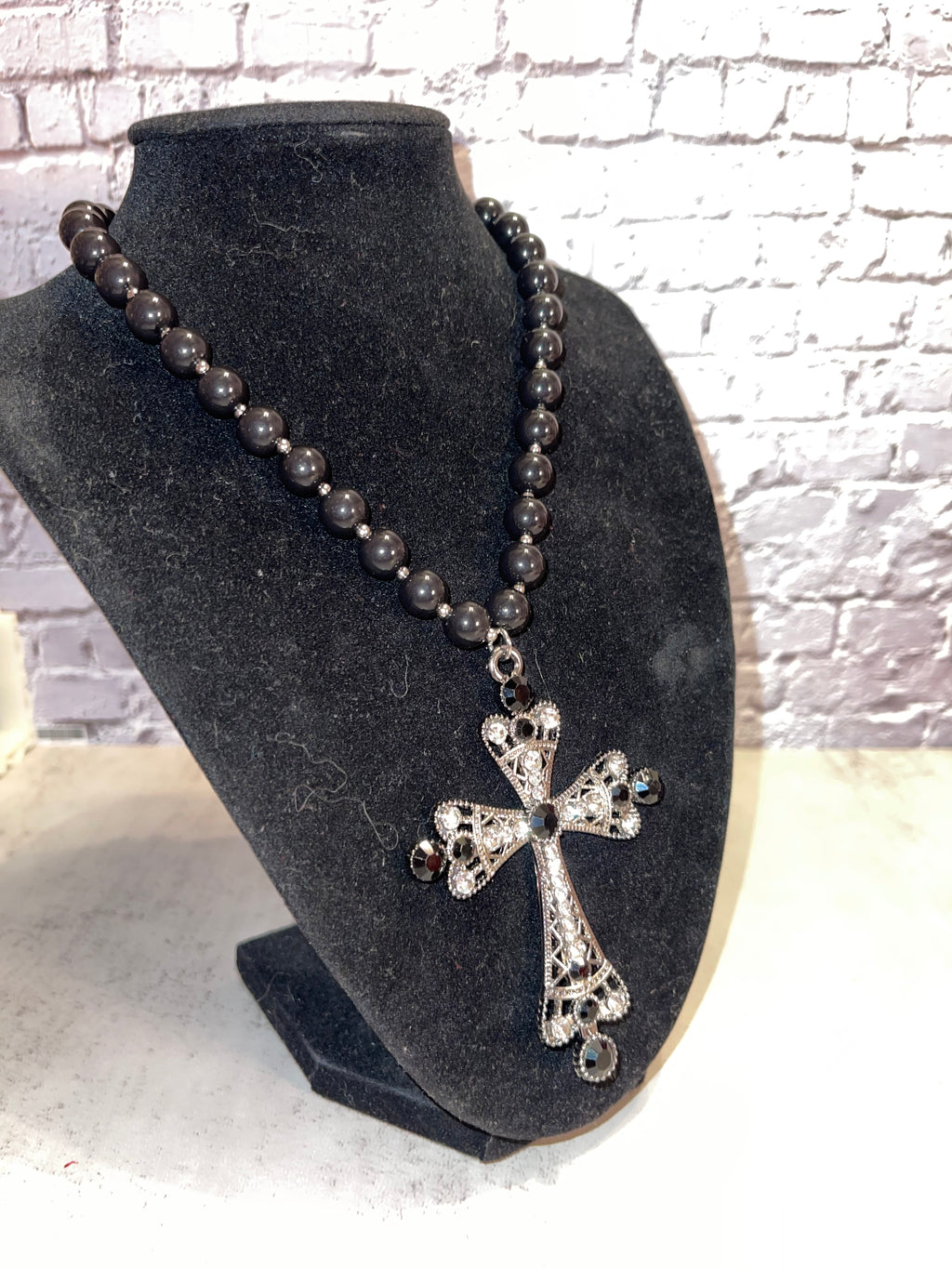 Pearl Cross Pendant Necklace - Handmade Chunky Beaded Necklace with Rhinestone Cross, Statement Faith Jewelry