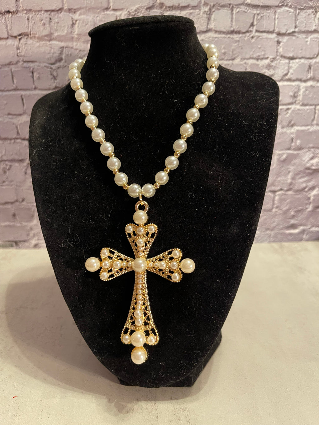 Pearl Cross Pendant Necklace - Handmade Chunky Beaded Necklace with Rhinestone Cross, Statement Faith Jewelry
