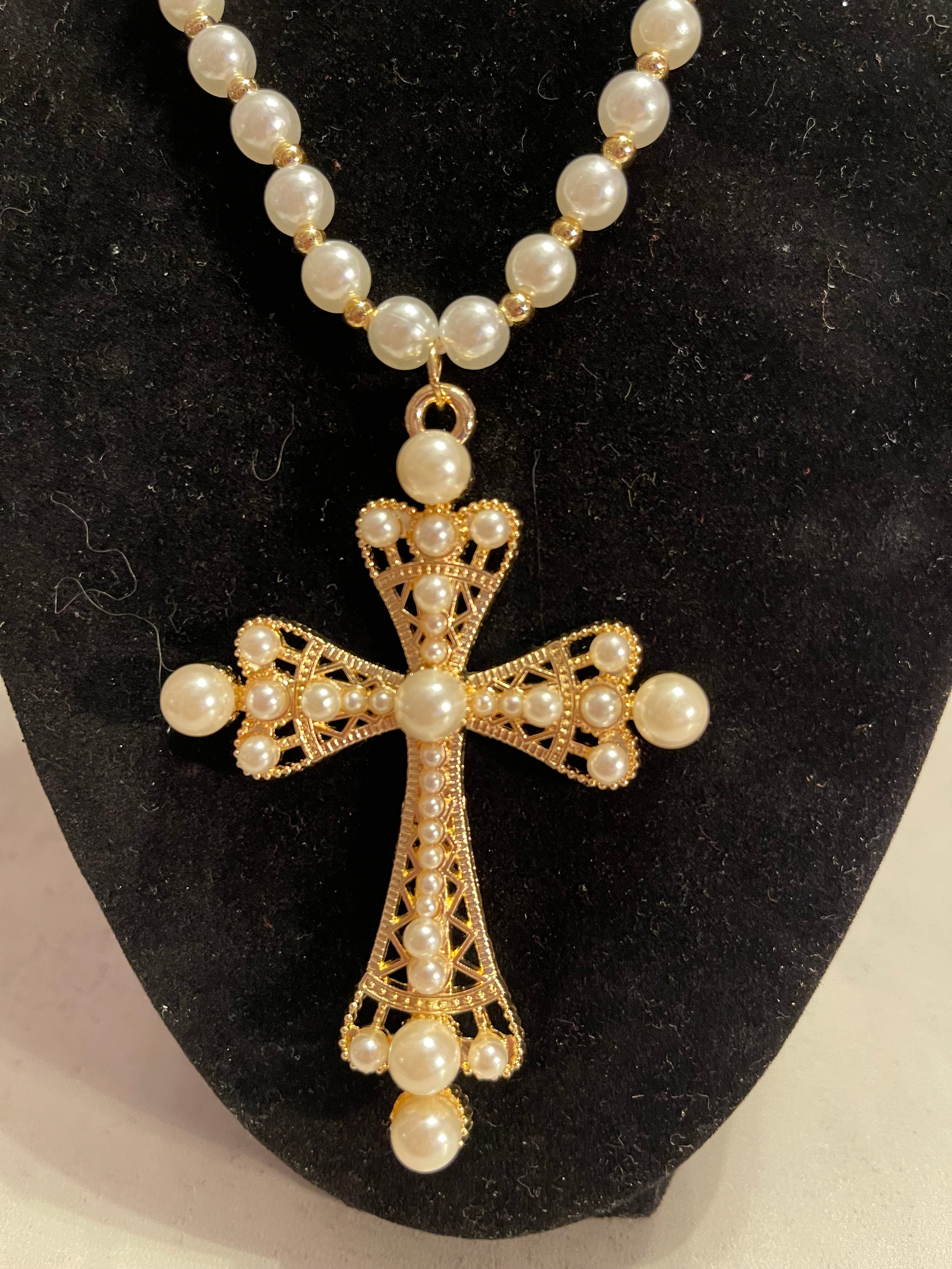 Pearl Cross Pendant Necklace - Handmade Chunky Beaded Necklace with Rhinestone Cross, Statement Faith Jewelry