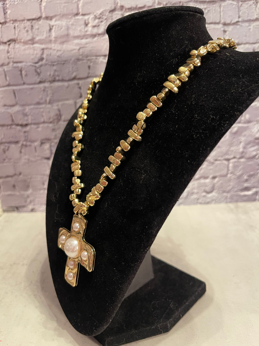 Faux Pearl Cross Necklace - Acrylic Glass Beaded Necklace with Golden Cross Pendant, Faith Jewelry