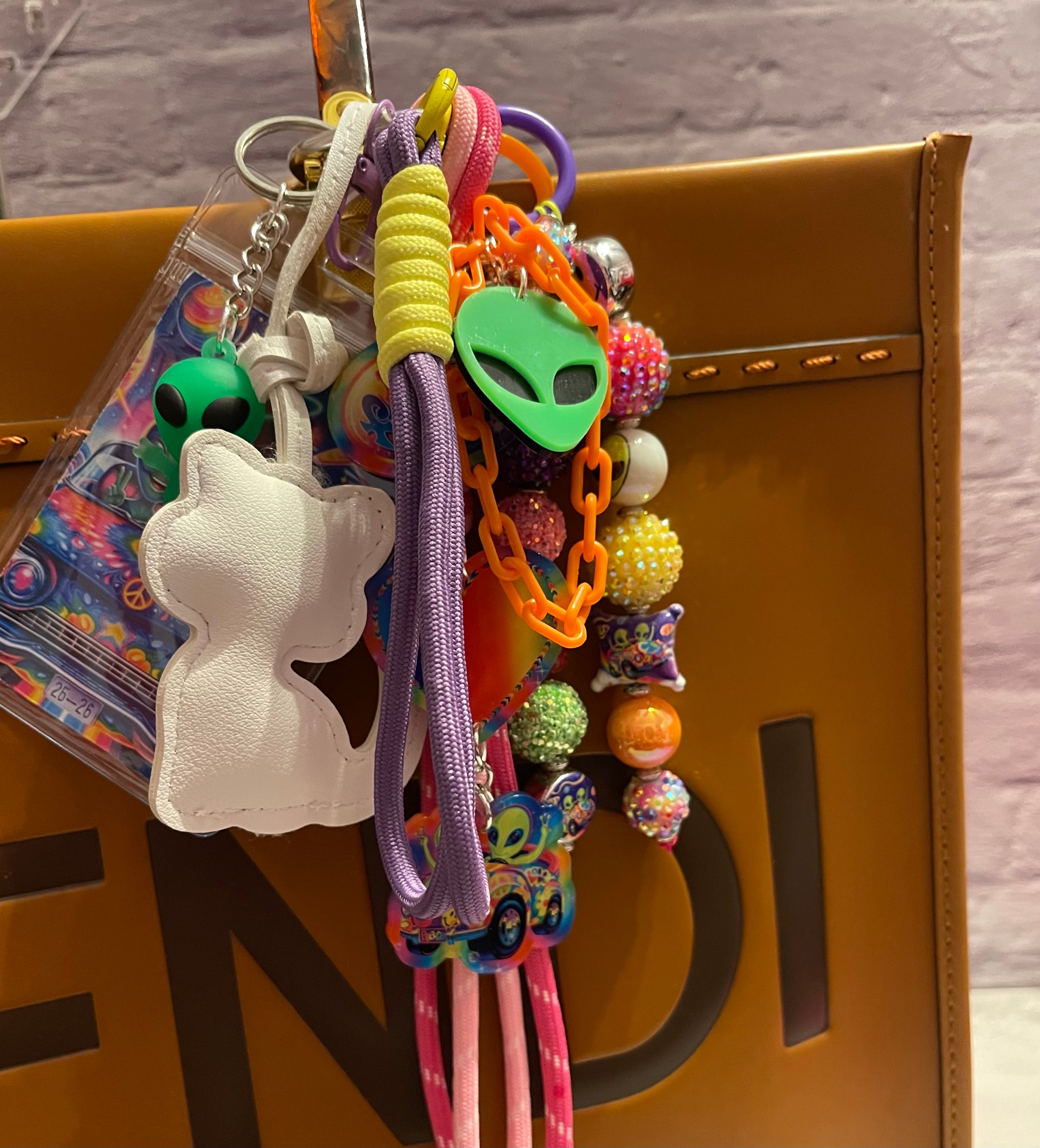 Alien Handmade Bag Charm - Leather Kitten & Alien Beaded Purse Charm, Handbag Accessory