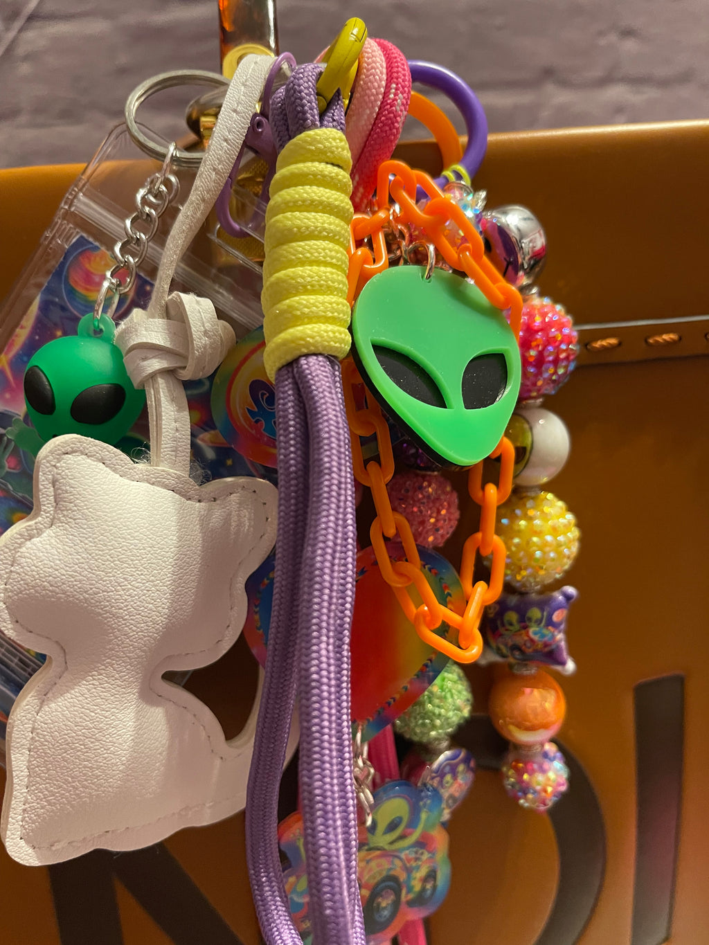 Alien Handmade Bag Charm - Leather Kitten & Alien Beaded Purse Charm, Handbag Accessory