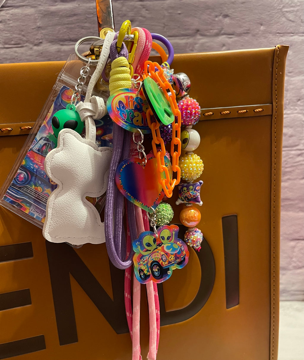 Alien Handmade Bag Charm - Leather Kitten & Alien Beaded Purse Charm, Handbag Accessory