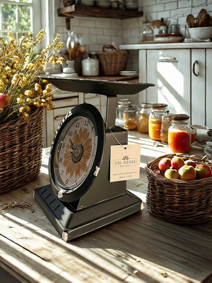Vintage sunflower scale clock styled with fresh sunflower and buffalo plaid candle on marble counter