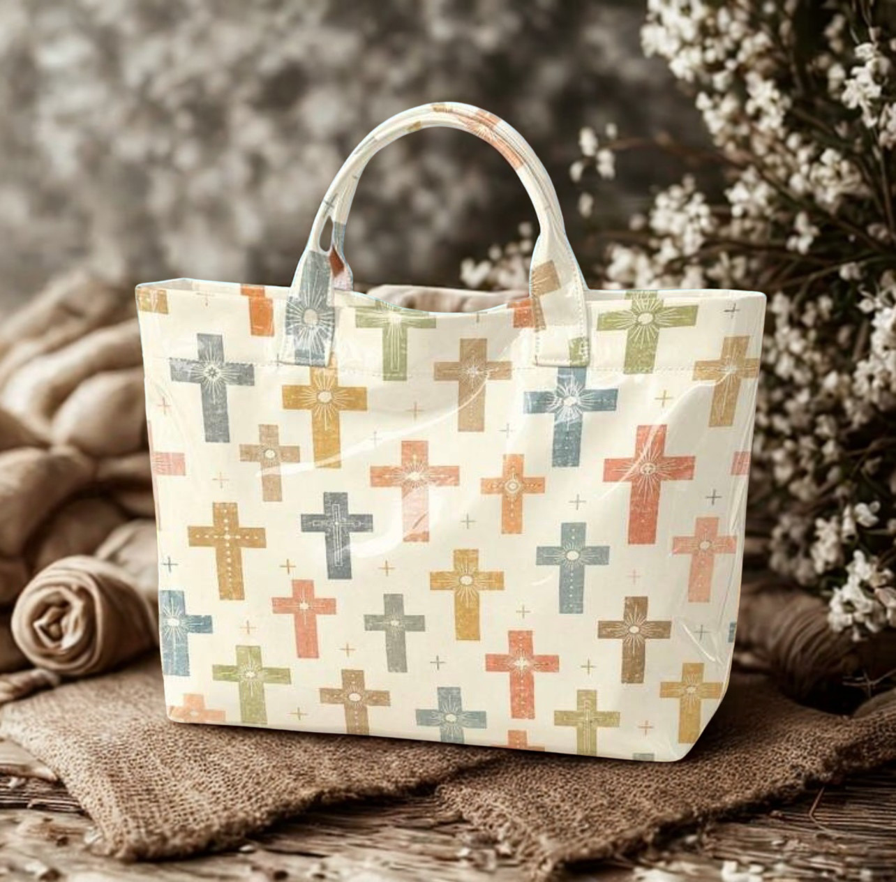 Retro Old Cross Tote Bag – Large Transparent PVC Waterproof