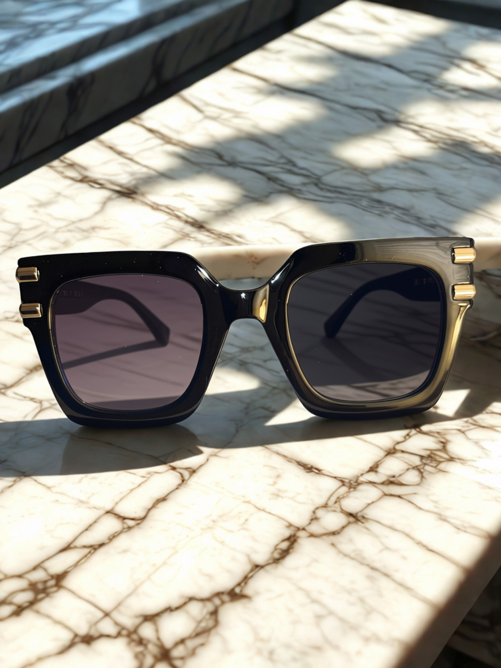 Black Ice Sunglasses on neutral surface with dramatic light shadows