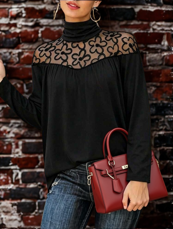 Black Floral Mesh Yoke Mock-Neck Top