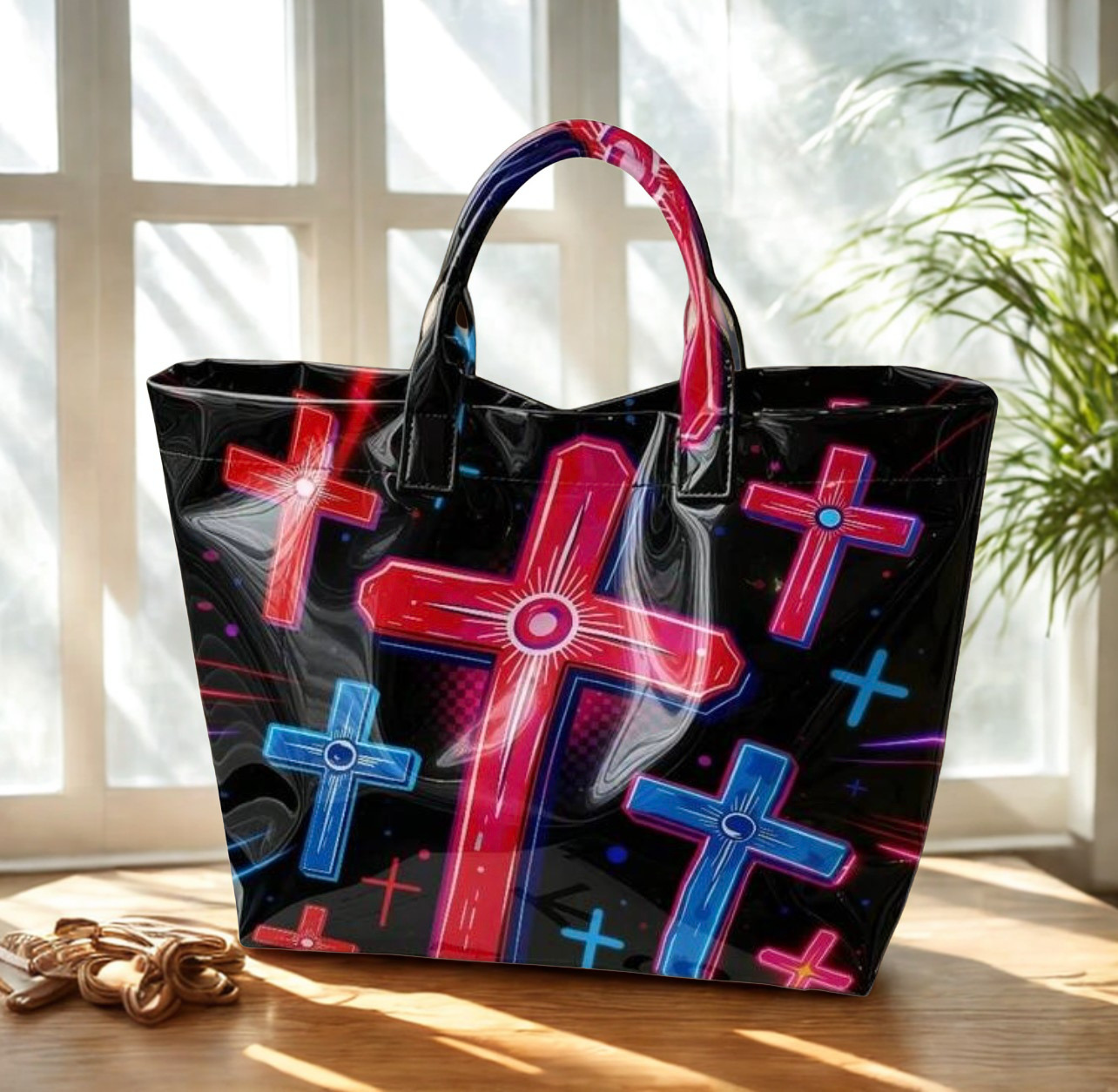 Neon Cyber Cross Printed Tote Bag – Large Transparent PVC Waterproof
