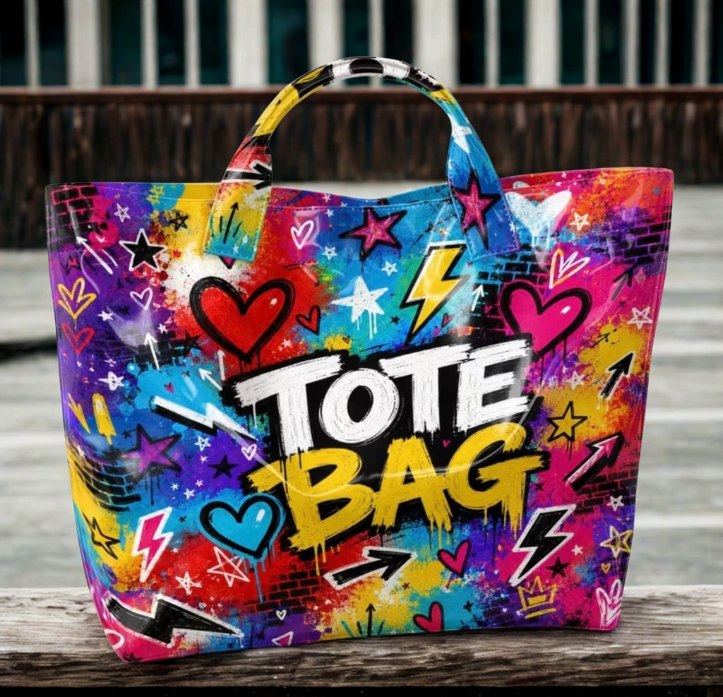 Graffiti tote bag on wooden bench – lifestyle shot