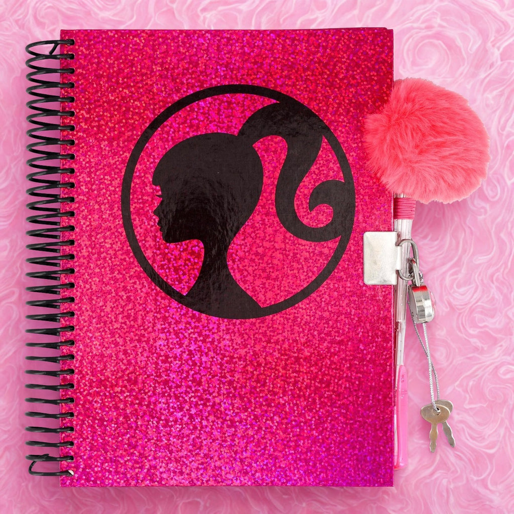 Barbie Glitter Spiral Journal with Lock, Key & Pom Pom Pen