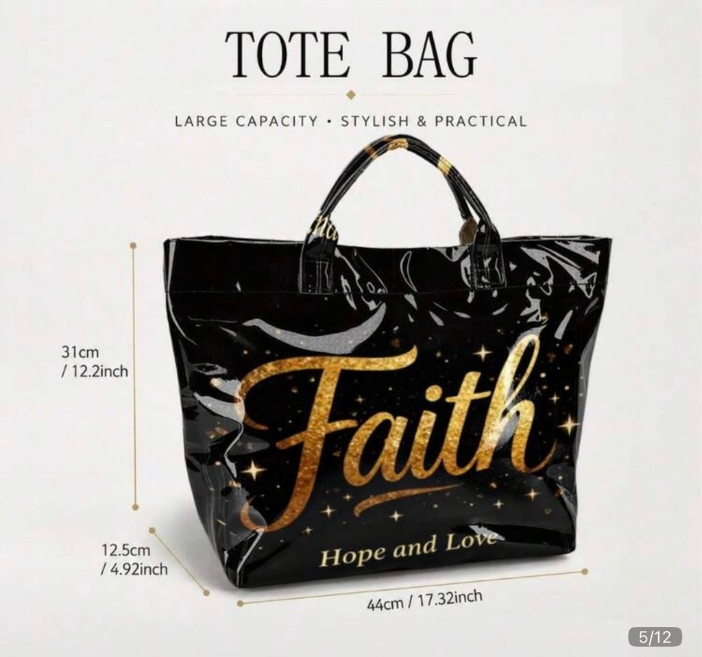 Faith Hope and Love Gold Glitter Tote Bag – Large Glossy Black PVC