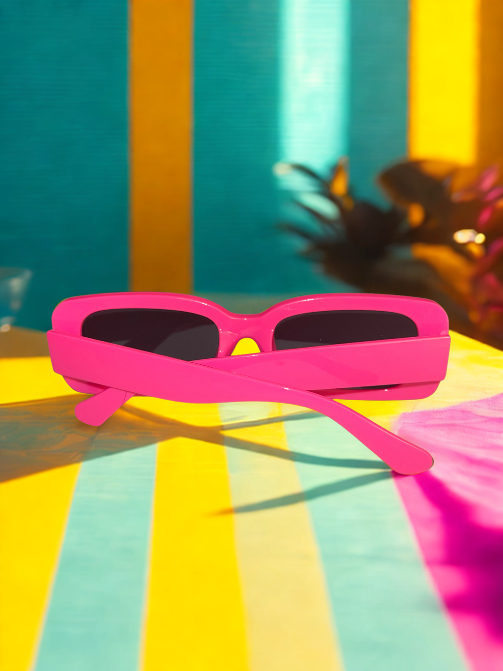 Neon Escape Sunglasses side view on tropical beach