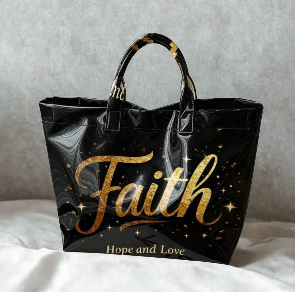 Faith Hope and Love Gold Glitter Tote Bag – Large Glossy Black PVC